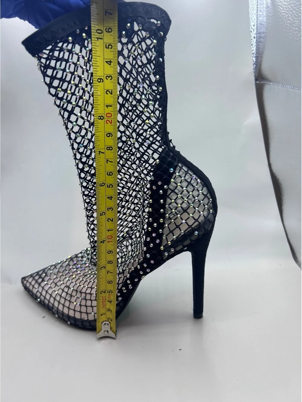 Black Rhinestone Mesh Ankle Boots Women's Size 8 Pointed Toe Stiletto Booties